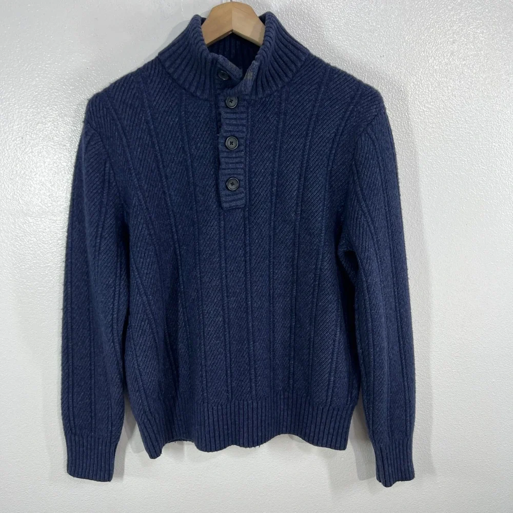 Banana Republic Italian Yarn Merino Wool Sweater 1/4 Button Men XL Blue Rib Knit